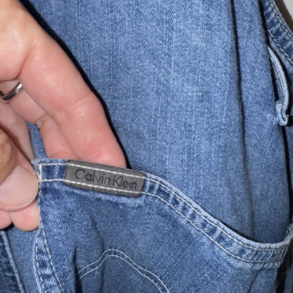 Vintage Calvin Klein Bib Overalls Shorts Jeans Denim Womens L Double Stone Wash - Picture 11 of 16